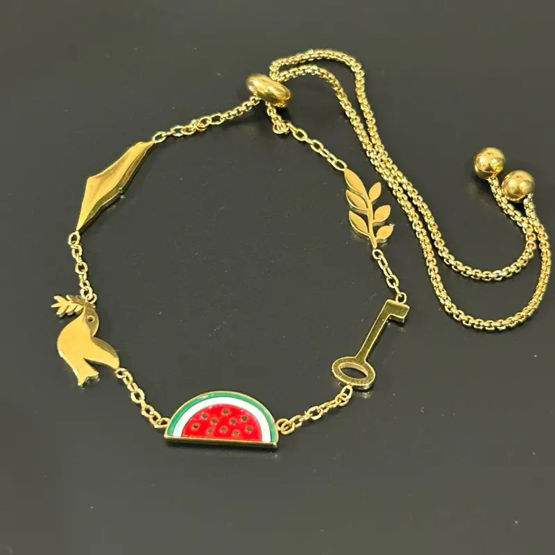 Gold-Plated Palestinian Symbol Attached Charm Bracelet Adjustable with Olive Branch Watermelon Map Dove & Key of Return Unique Design Inspirational Jewelry