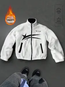 A winter and autumn-season warm, Soft jacket for men and women, featuring a white velvet material with star-shaped patterns, it's an item from Instagram, perfect for casual street style and leisure wear. Ideal for commuting/back-to-school/holiday outfits