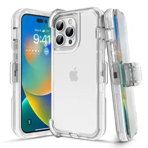 Clear Rugged Defender Case Cover For Apple iPhone 17 / 17E / 16 / 16E / 15 / 14 / 13 / 12 / Plus / Pro / Pro Max / Shockproof Heavyduty Protection cover With Belt Clip Phonecase Protector  Protective