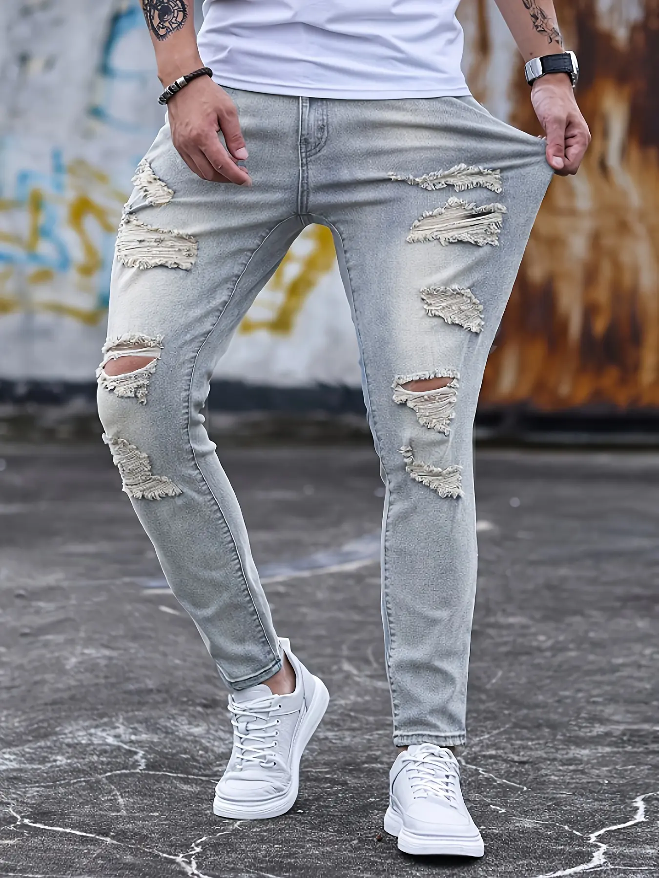 Men's Slim-Fit Ripped Elastic Denim Jeans, Menswear Casual Denim Trousers, Tight-Fitting Narrow-Leg Pants