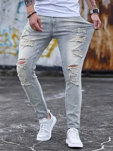 Men's slim fit jeans, elastic ripped  jeans, tight fitting small leg denim small leg pants