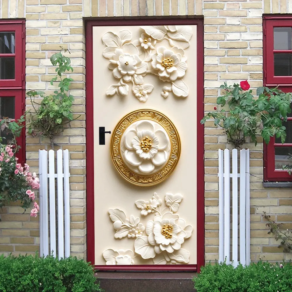 2pcs   Relief Wall Stickers European Luxury Peony Flower Door Decals Self Adhesive Waterproof Living Room Decorative Stickers Gold Border Art Paintings Removable Wall Decorative Appliques Home Renovatio