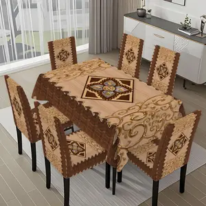 5/7-piece 2D Flat Printing Brown Gold Pattern Diamond Decoration Printing Pattern Tablecloth and Chair Cover Set, Dining Chair Slipcover, for dining table and chair decoration, perfect for home, holiday gatherings, restaurants, and parties.