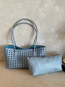 High-Quality Hollow Out Woven Tote Bag, Mist Blue Underarm Bag, Large Capacity Commute Vacation Shoulder Bag with Inner Pouch, Detachable Inner Pouch, Fashionable Bohemian Bag