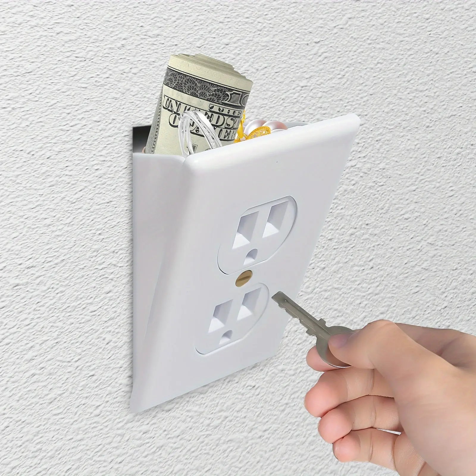 Hidden Wall Safe Outlet Box PP169410 - Secret Compartment Behind Decorative Plate Tool-Free Install with 2 Keys Durable Plastic for Home Security Includes Drywall Saw & Template