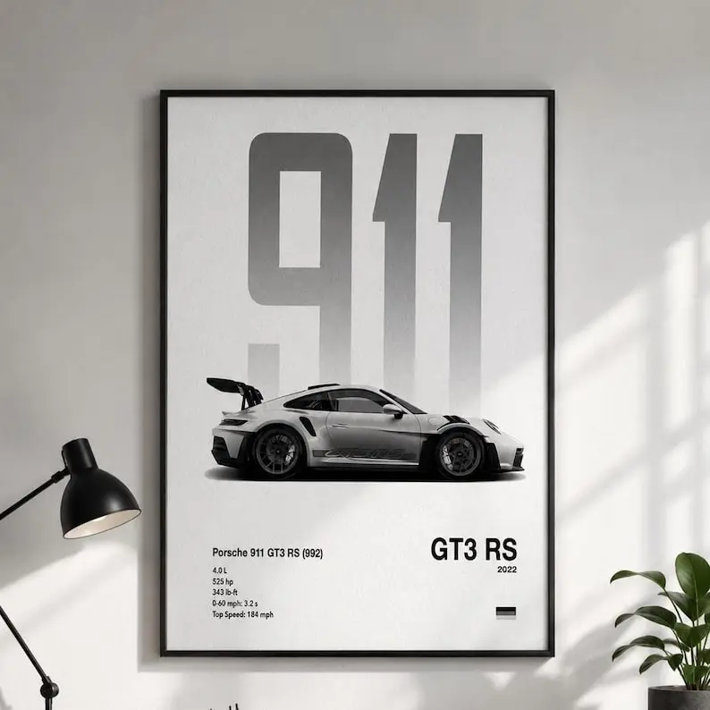 Porsche 911 GT3 RS Wall Art Print, Modern Car Poster, Minimalist Automotive Decor, Luxury Office Wall Art, Sports Car Artwork, Gift for Him Poster - No Frame