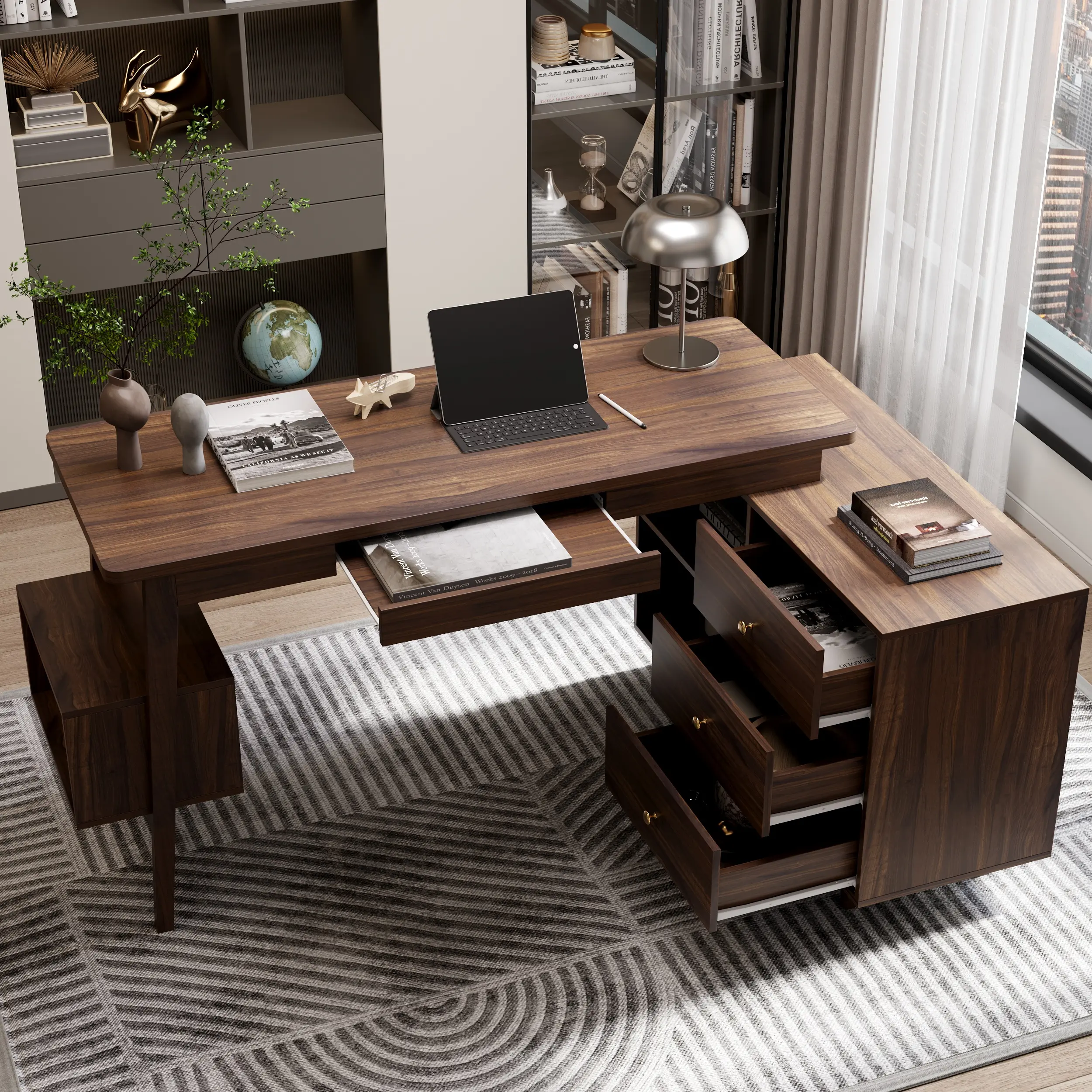 FUFU&GAGA 55" Reversible L-Shaped Executive Desk with 3-Drawer Storage Cabinet, Mid Century Walnut Computer Writing Desk, Left & Right Convertible Corner Office Desk with Open Shelves & Side Cubby