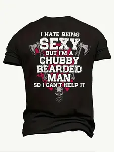 Plus Size, Graphic Print Short Sleeve T-Shirt - Crew Neck, Slight Stretch, Regular Fit For Men, Polyester Material.