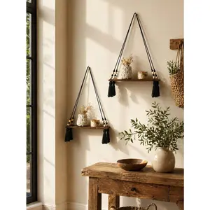 1/2pcs Wooden Bead Woven Hanging Shelf Set, Light Wood Rope Wall Mounted Planter Rack, Boho Farmhouse Style Hanging Plant Holder, Suitable For Indoor Living Room Bedroom, Modern Bohemian Hanging Storage Rack, Multi-Functional Wooden Bead Wo