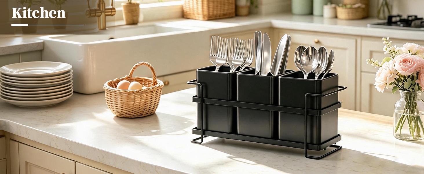 San Dream Kitchen Utensil Holder, Multi‑Compartment Black Metal Utensil Storage Caddy, Large Capacity Cooking Tool Organizer for Kitchen Countertop