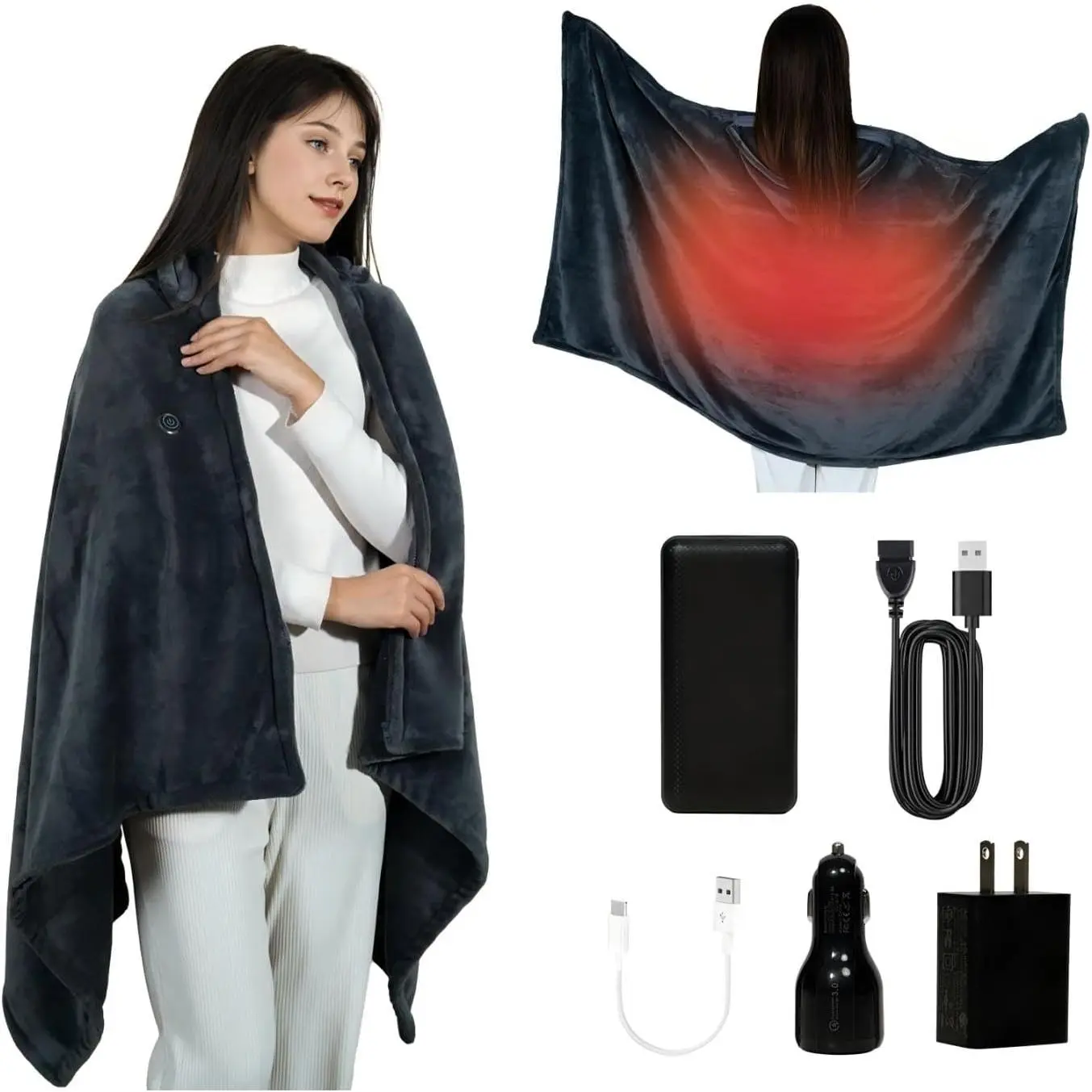 Heated Blanket Battery Powered; USB Wearable Portable Heated Throw Blanket with Hood, 20000 mAh Battery, 9 Heating Zone, 3-Level; Portable Heated Shawl Cor