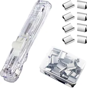 Mini Push Stapler, Paper Clamp Clip Dispenser with 50 Pcs Stainless Steel Reusable Staples 40 Sheet Capacity, Portable Clip Stapler for Office Desk Accessories Home School Supplies