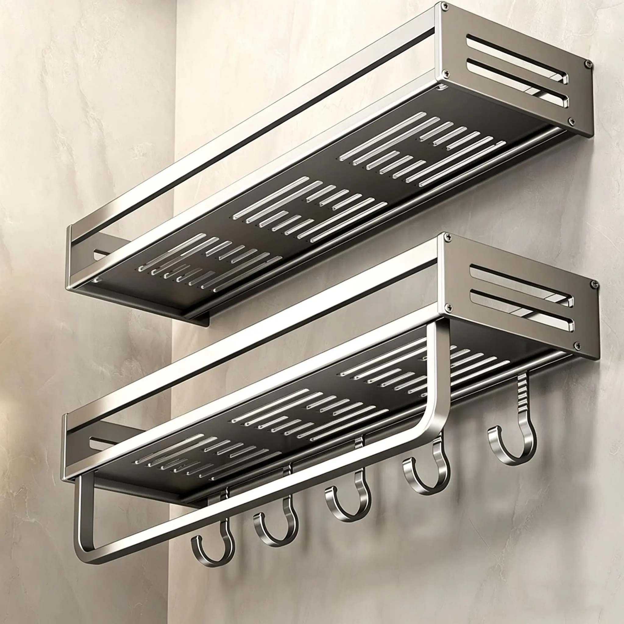 Stainless Steel Wall-Mounted Shower Caddy, Waterproof Rustproof Bathroom Storage Shelf With Utility Hooks, Multi-Purpose Home Organizer For Shower Toiletries & Bathroom Toilet Accessories