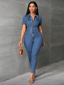 Elegant Flap Pocket Button Front Denim Jumpsuit