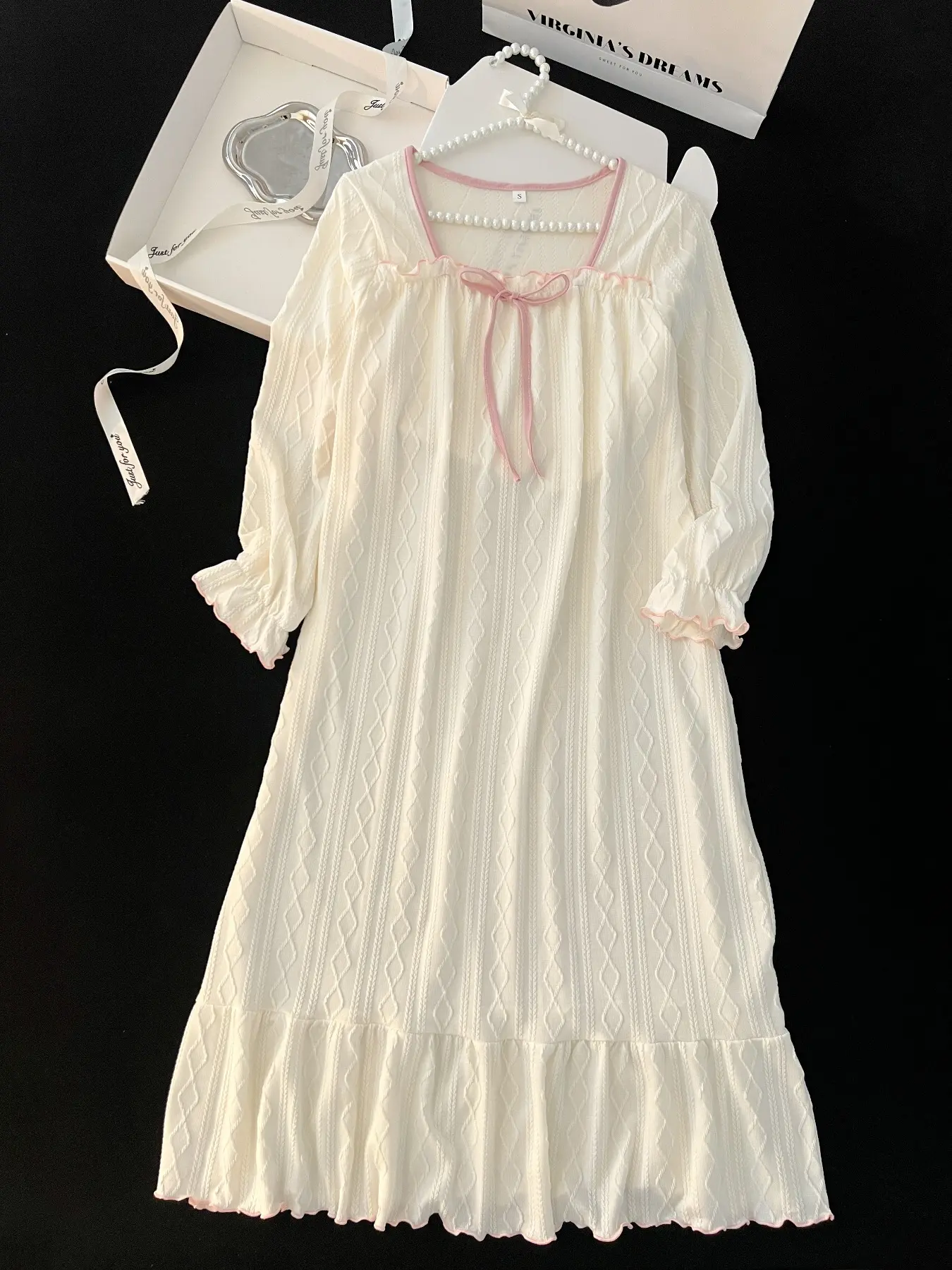 Sweet Home Casual Dress Nightwear Loungewear with Bow Tie Neckline, Long Sleeve Ruffled Hem, Fitted Design, Suitable for Wearable Comfort