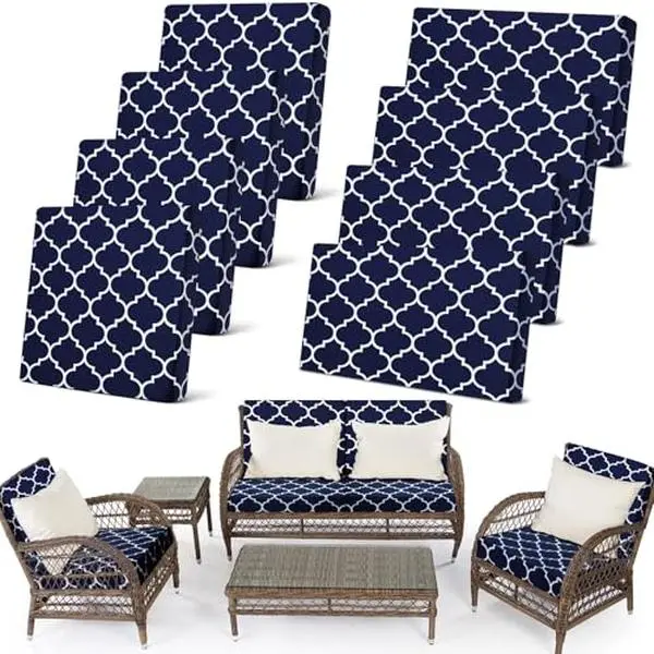 8 Pcs Summer Patio Cushion Covers for Outdoor Patio Furniture, Splash-Proof Moroccan Sofa Couch Covers Replacement for 4 Rectangle Backrests 32-40''x20-28'' and 4 Square Cushions 20-27.5''x20-25'', Washable Lawn Garden Seat Furniture Protector