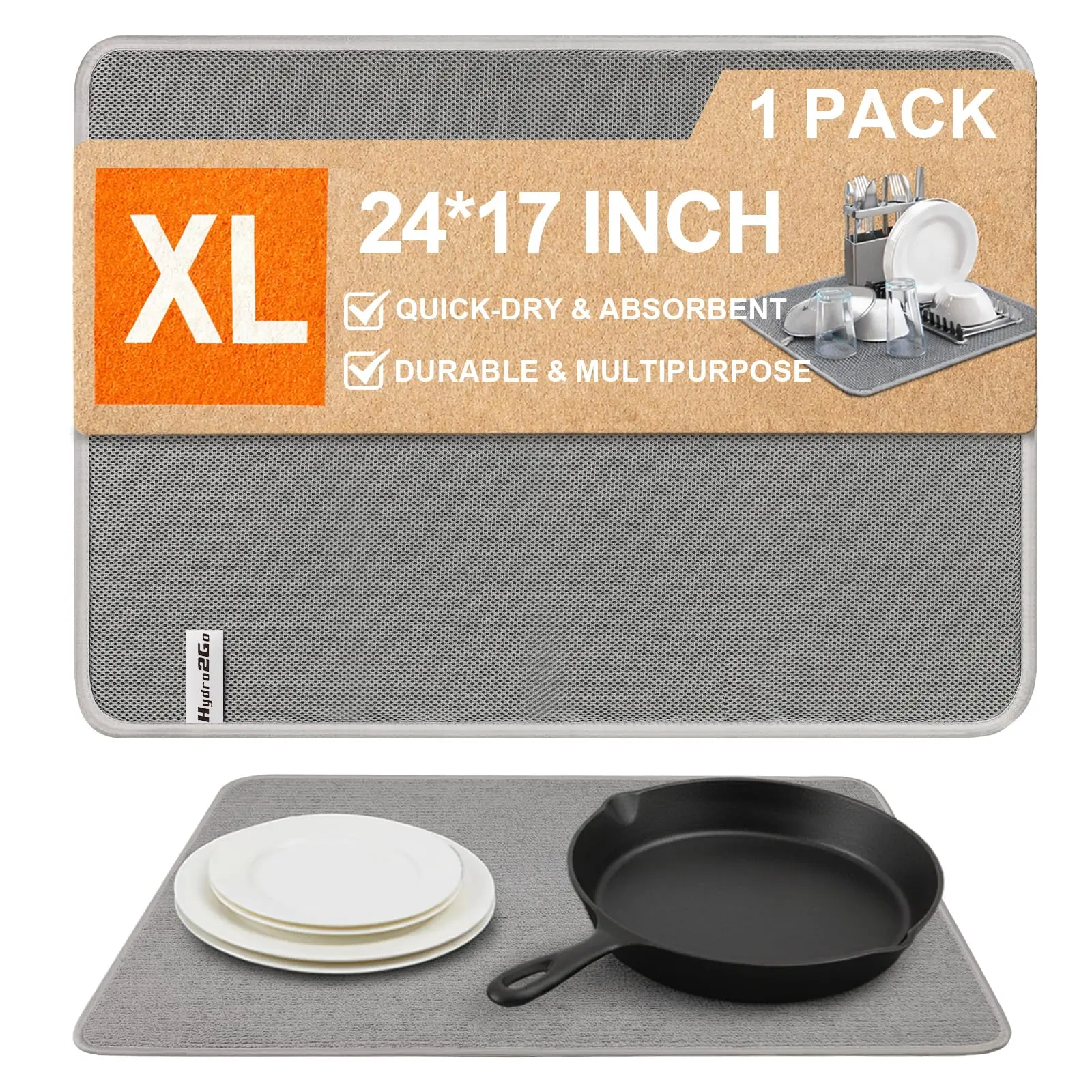 Dish Drying Mat 24 x 17 in, Large Microfiber Drying Mats, Absorbent Quick Dry Pad for Kitchen Counter, Countertop Protector for Dishes, Pots & Pans, Machine Washable, Gray