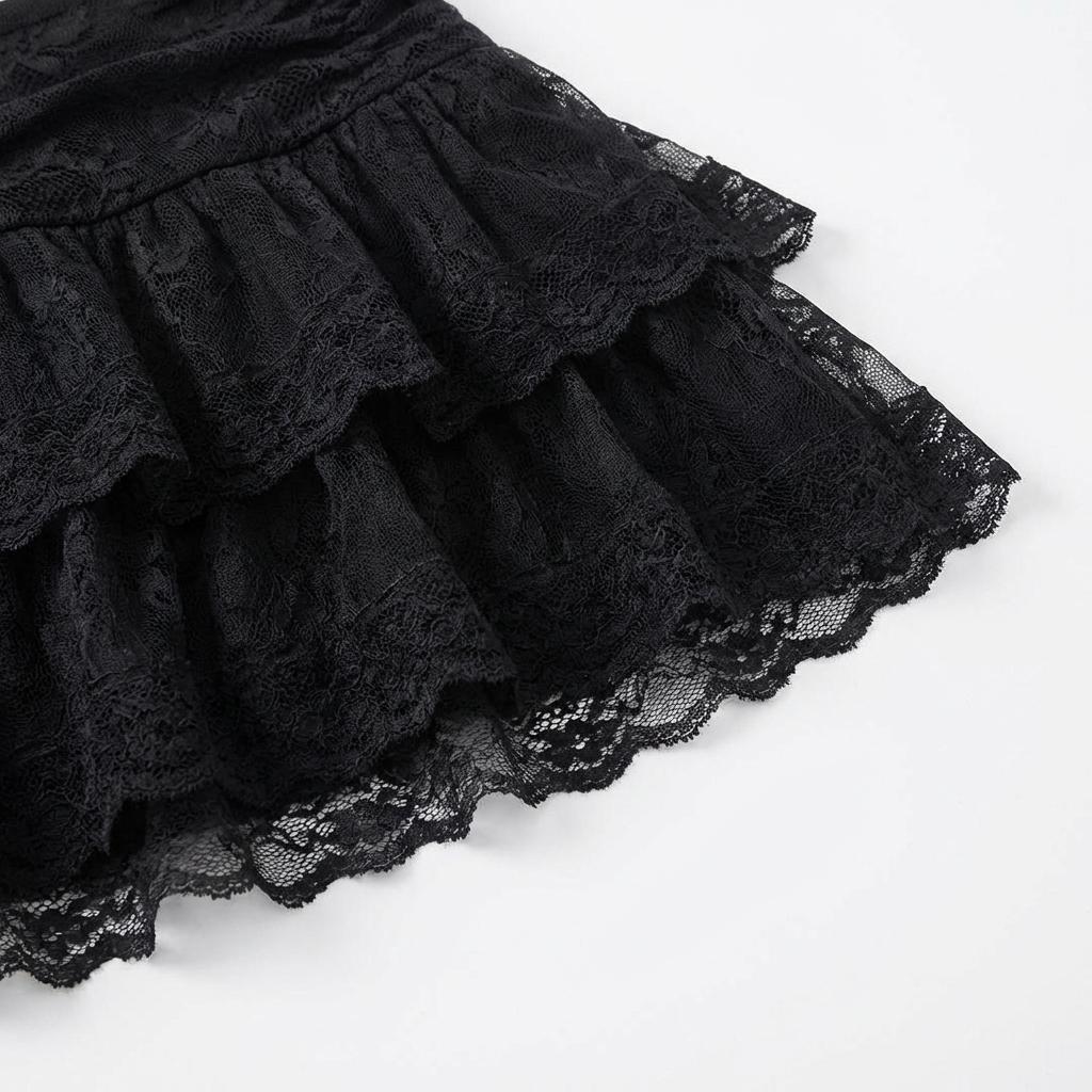 Black Lace Tiered Ruffle Mini Skirt