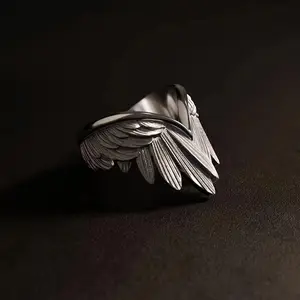 Creative Angel Wing Alloy Ring, Funky Adjustable Fitted Open Index Finger Ring, Brushed Feather Design with Metallic Detailing, Funky Rings, Adjustable Fitted Rings