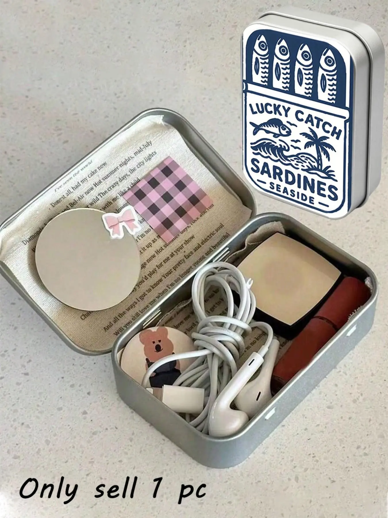 Silver Rectangular Hinged Metal Tin with Sardine Pattern, Tin Box, DIY Mini Portable Case, Compact Storage Container, Organizer Storage. Ideal for storing jewelry, pills, sewing supplies; also a perfect Mother's Day gift