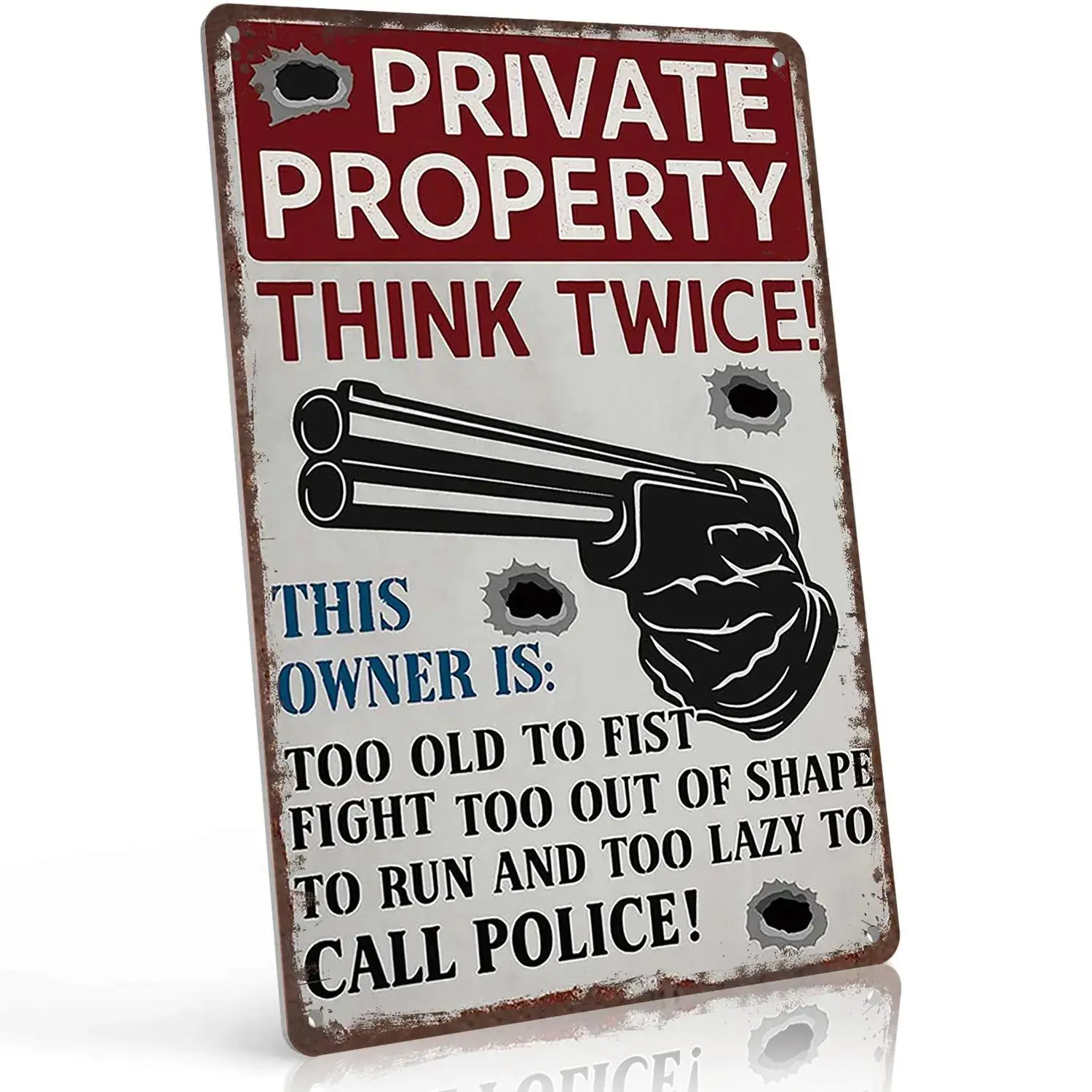 12x8 in Aluminum "Private Property Think Twice" Gun Warning Sign - Bold Western Decor, Metal-Toned Nostalgic Home Plaque for Entryway - Gun Owner Gift