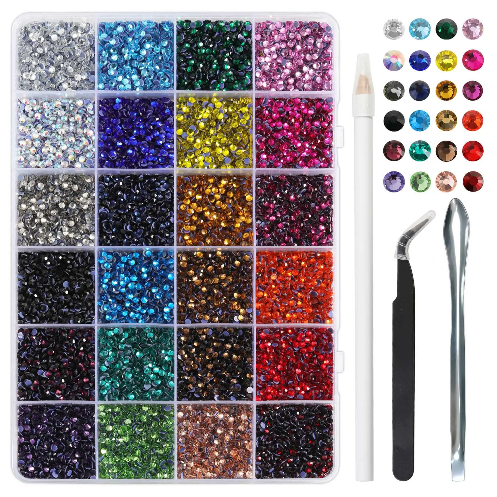 Hotfix Rhinestone Kit SS10 3mm 14400 pcs    Twenty-four   Colors with Tweezers Wax Pencil Scoop for Crafts DIY Nail Set Easy Heat Fix Adhesive Glam Pack