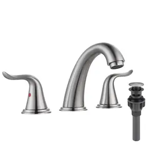 WOWOW Widespread Double Handle High Arc Bathroom Tap, 3-Hole Solid Brass & Stainless Steel Vanity Lavatory Basin Fixture with Built-In Drain Stopper, Adjustable Flow Control, Faucet Attachment, Brushed Nickel