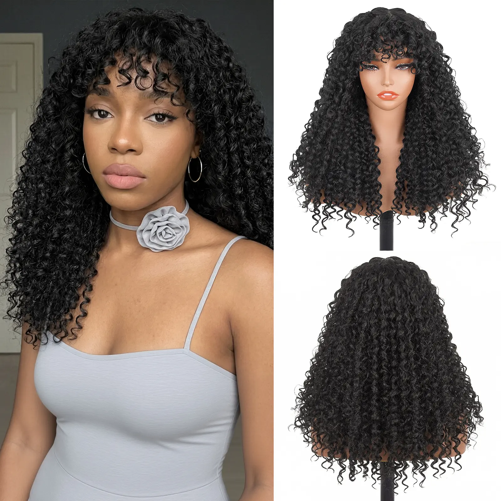 【Biggest Sale】Ourwigs Shaggy Curly Wig with Bangs Wigs for Women 22 Inch Long Curly Wig with Bangs Synthetic Hair Replacement Wigs for Cosplay and Daily