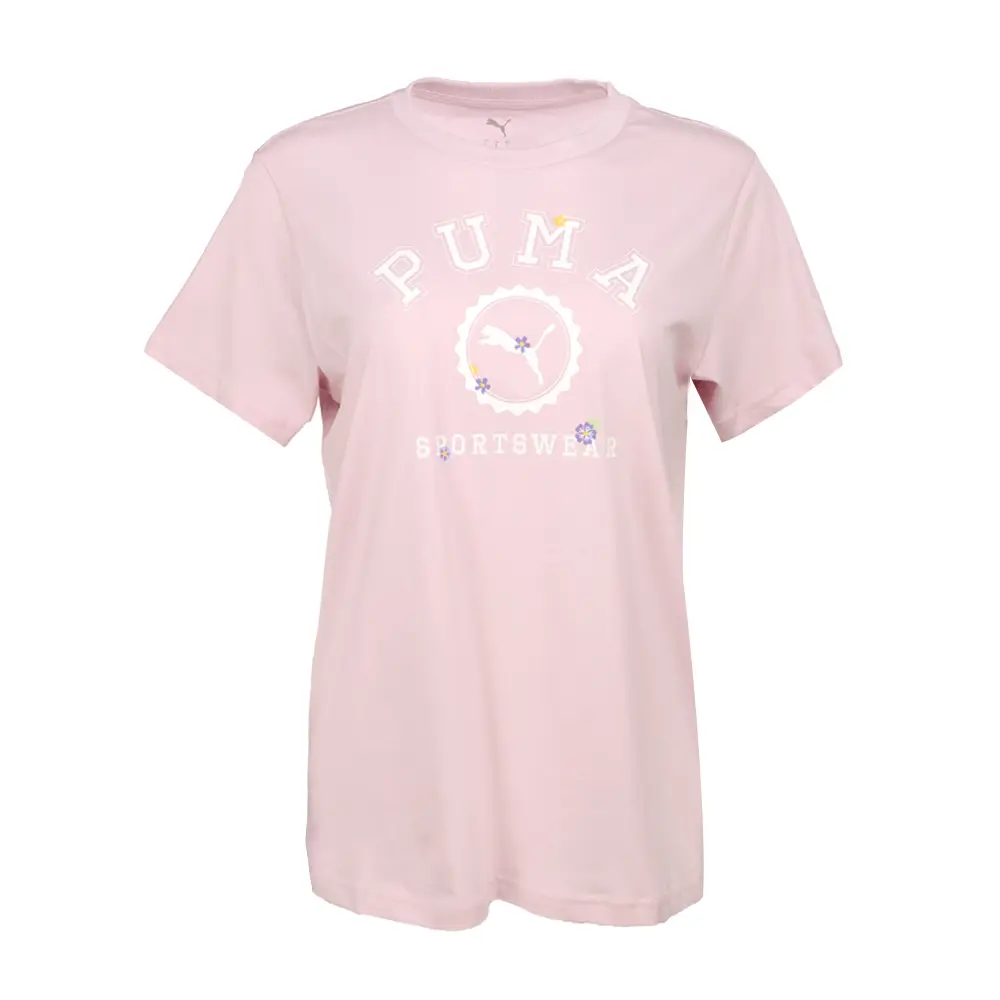 PUMA Womens Floral Varsity Badge Crew Neck Short Sleeve Casual Tops Casual - Pink
