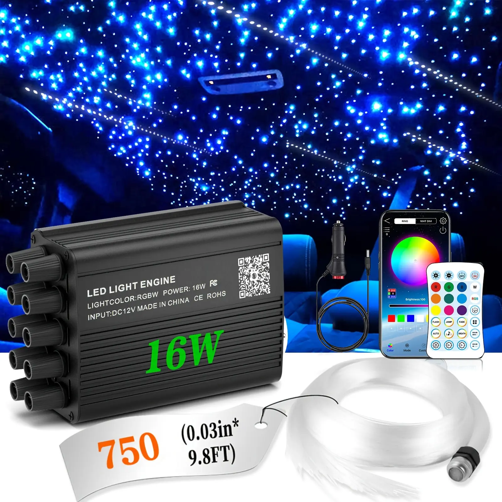 Twinkle & Meteor Starlight Headliner Kit for Car - 750 Pcs 0.75mm 9.8ft Fiber Optic Lights, 16W RGBW Star Ceiling Light Engine with App & 24-Key Remote Control, Music Sync & DC 12V Car Adapter