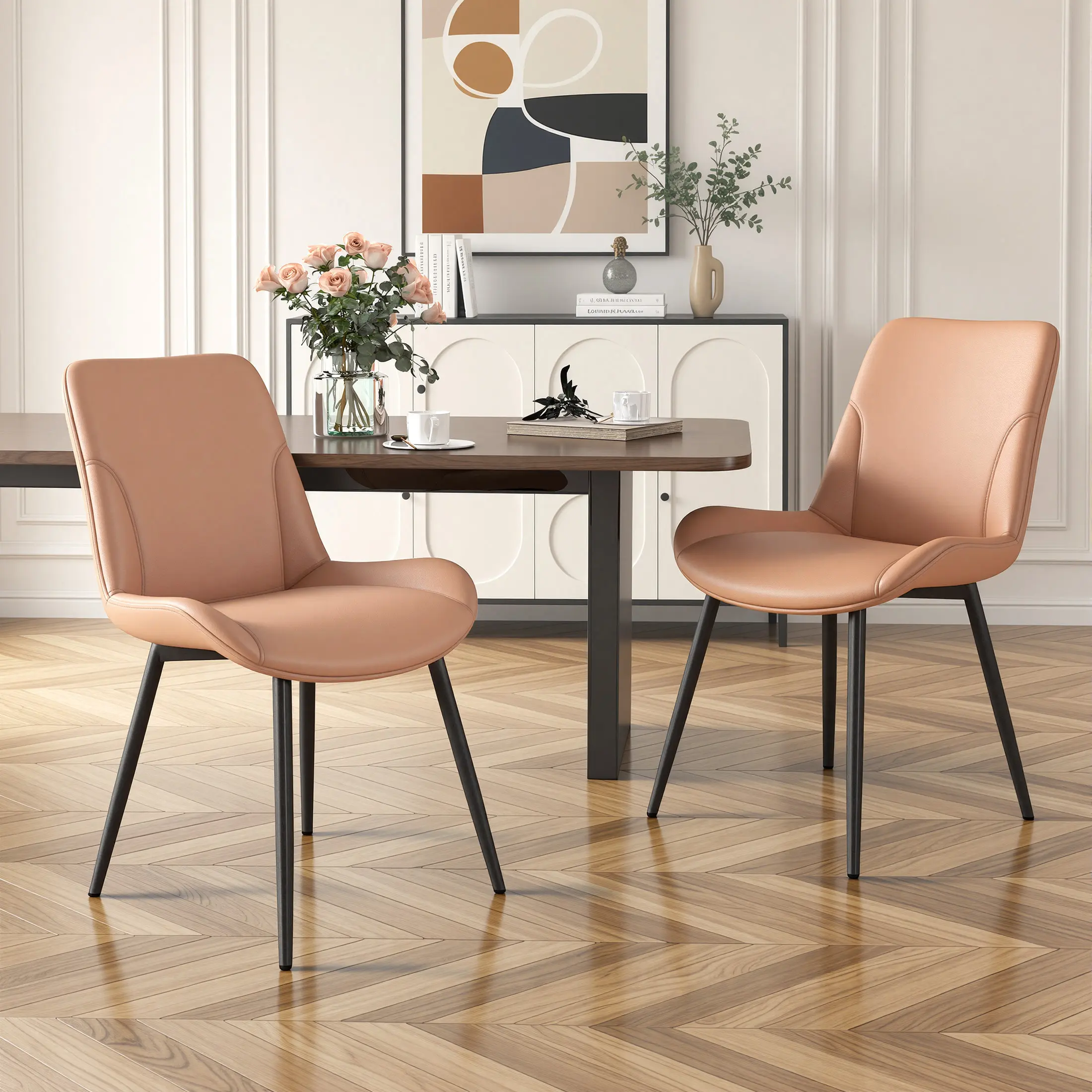 Minimalist Leather Dining Chairs Set of 2 – Breathable Waterproof Upholstery, Precision Stitching, Ergonomic Support for Kitchen, Dining Room, Cafe