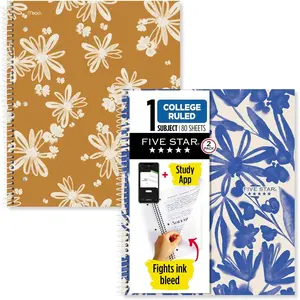 Five Star Spiral Notebooks + Study App, 2, 1 Subject, College Ruled Paper, 11" x 81/2", 80 Sheets, Soft Petals (820331FECM)