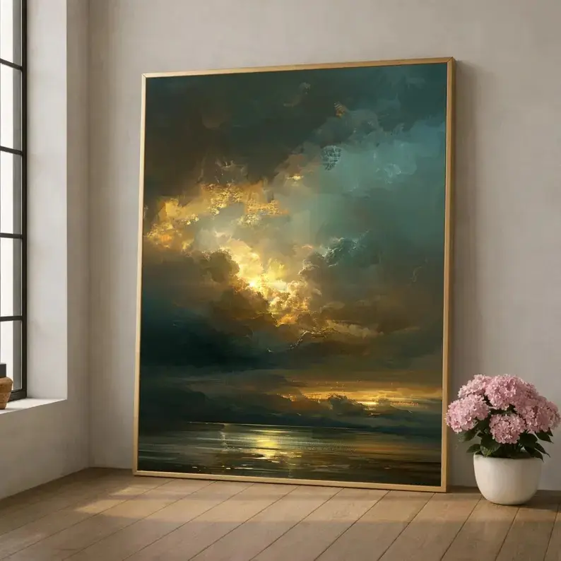 Dramatic Sunset Sky Canvas, Golden Clouds Reflection, Moody Landscape Wall Art, Nature Glow Painting, Ready to Hang Home Decor