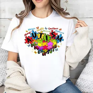 Autism Puzzle Pieces And Inspirational Words Printed T Shirt Casual Loose Fit For Autism Awareness And Everyday Wear