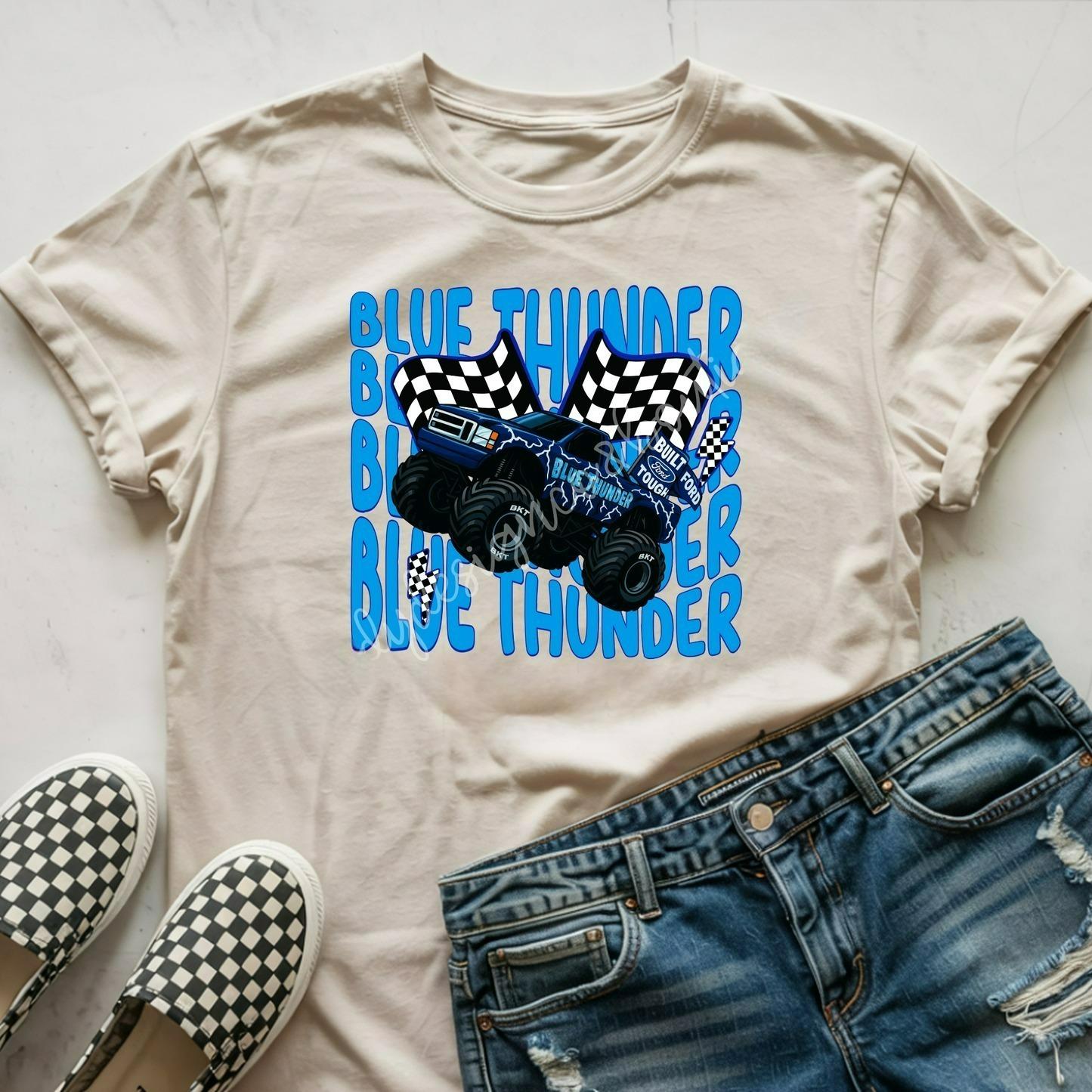 Youth & Adult Blue Thunder Monster Truck T-Shirt, Monster Truck Shirt, Truck Lover Shirt, Cute Bow Racing Tee, Girl Truck Outfit, Gift for Truck Fans, Gift for Boys Girls, Trending Tee