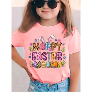 Girls' Easter Bunny & Egg Short Sleeve T-Shirt - Happy Easter Egg Hunt Outfit with Ears & Spring Flowers, Round Neck Summer Top for (NY-DX5479)