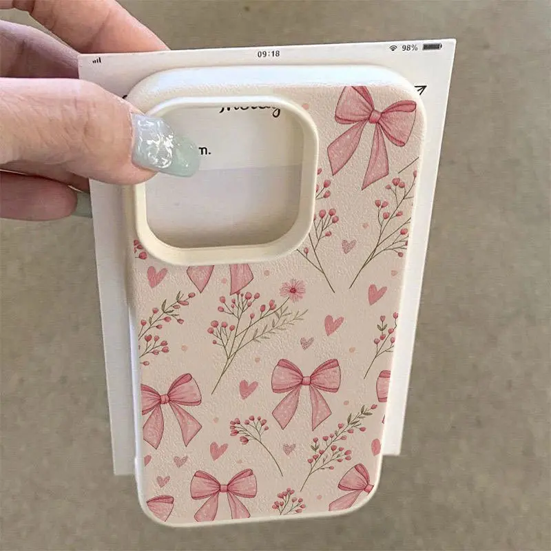 White lychee-textured pink bow floral simple and sweet pattern, for fashion enthusiasts, compatible with iPhone 17/16/15/14/13/12/11/X/XS/XS Max, holiday gift, suitable for various occasions, Flower, Cover, Accessories, Smartphone summerwins
