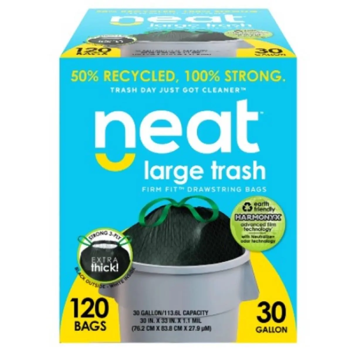 30 gal Tall Neat Kitchen Drawstring Trash Bags - Heavy-Duty, 120-Count Eco-Friendly Recyclable Odorless Bags for Home Waste Disposal, Drawstring Bag