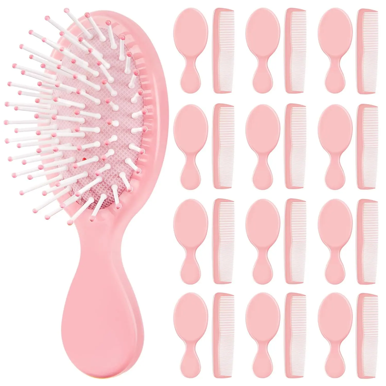 Women's 24-Piece Pink Plastic Mini Detangler Brush & Comb Set – 5 x 1.34 Inch Pocket-Size Pain-Free Hair Tools, Wet/Dry Use, All-Season Travel Favors & Fashion Accessories for Children