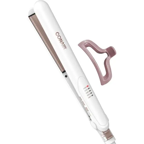Conair Hair Straightener, Double Ceramic, 1" Extra-Long Plates | Double ceramic hair straightener for all hair types with 5 heat settings to 410°F, 30-second heat up & a claw clip