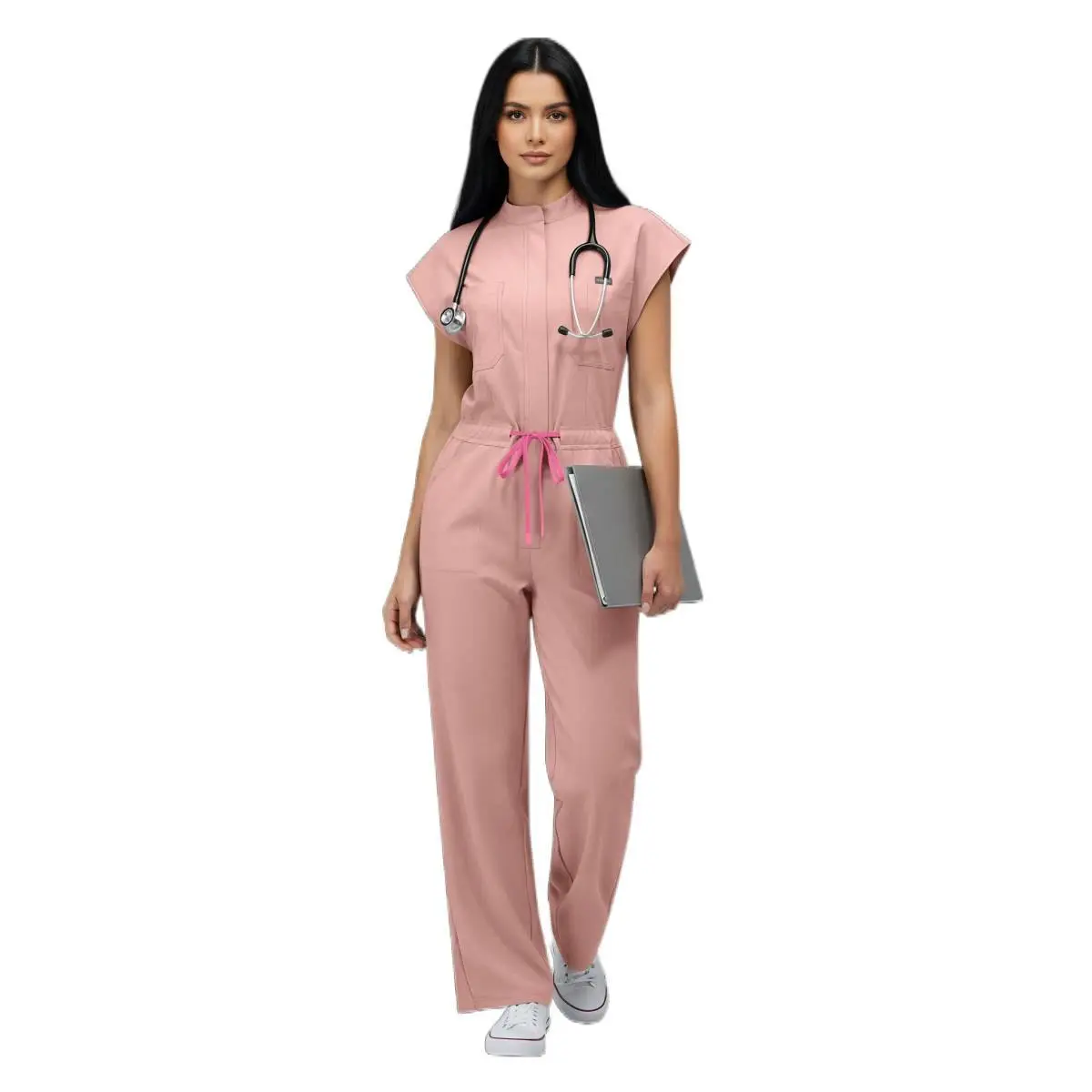 NiaaHinn Women's High-End Polyester-Spandex Medical Scrub Uniform, Stand-Up Collar, Flutter Sleeves, Zipper Closure, Breathable Casual Workwear for Healthcare Professionals Womenswear Rayon