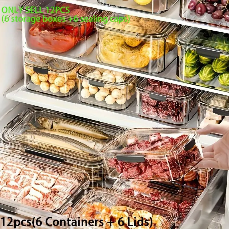 12 Piece Stackable Refrigerator Storage Boxes with Lids, Transparent Reusable Containers for Kitchen, Fridge, Pantry Organization, Stackable Fridge Organizer, Fridge Organizers and Storage