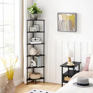 HOOBRO Corner Shelf Stand, Industrial 6-Tier Corner Bookshelf with Metal Frame, Bookcase, Plant Display Stand for Small Spaces, Living Room, Black