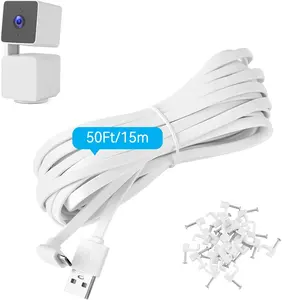 50FT Power Extension Cable Compatible with WYZE Cam Pan V3, USB to 90 Degree L-Shaped Flat Power Cord (White)