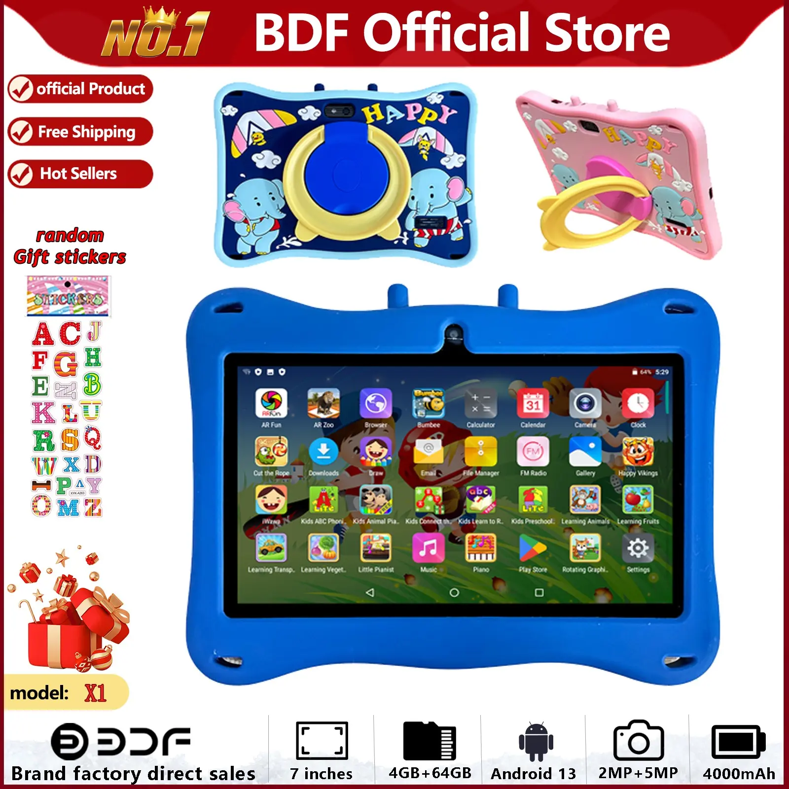 7-Inch Android 13 Kids Touchscreen Tablet, 4GB+64GB Storage, Parental Control, Web Browsing, Learning Games, Drawing Tool, Music Player, E-Book Reader, Shockproof Case, Dual Cameras, Learning Entertainment Tablet, Android Tablets