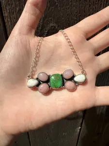 Sonoran Gold Turquoise, White Buffalo, and Pink Opal Bar Sterling Silver Necklace