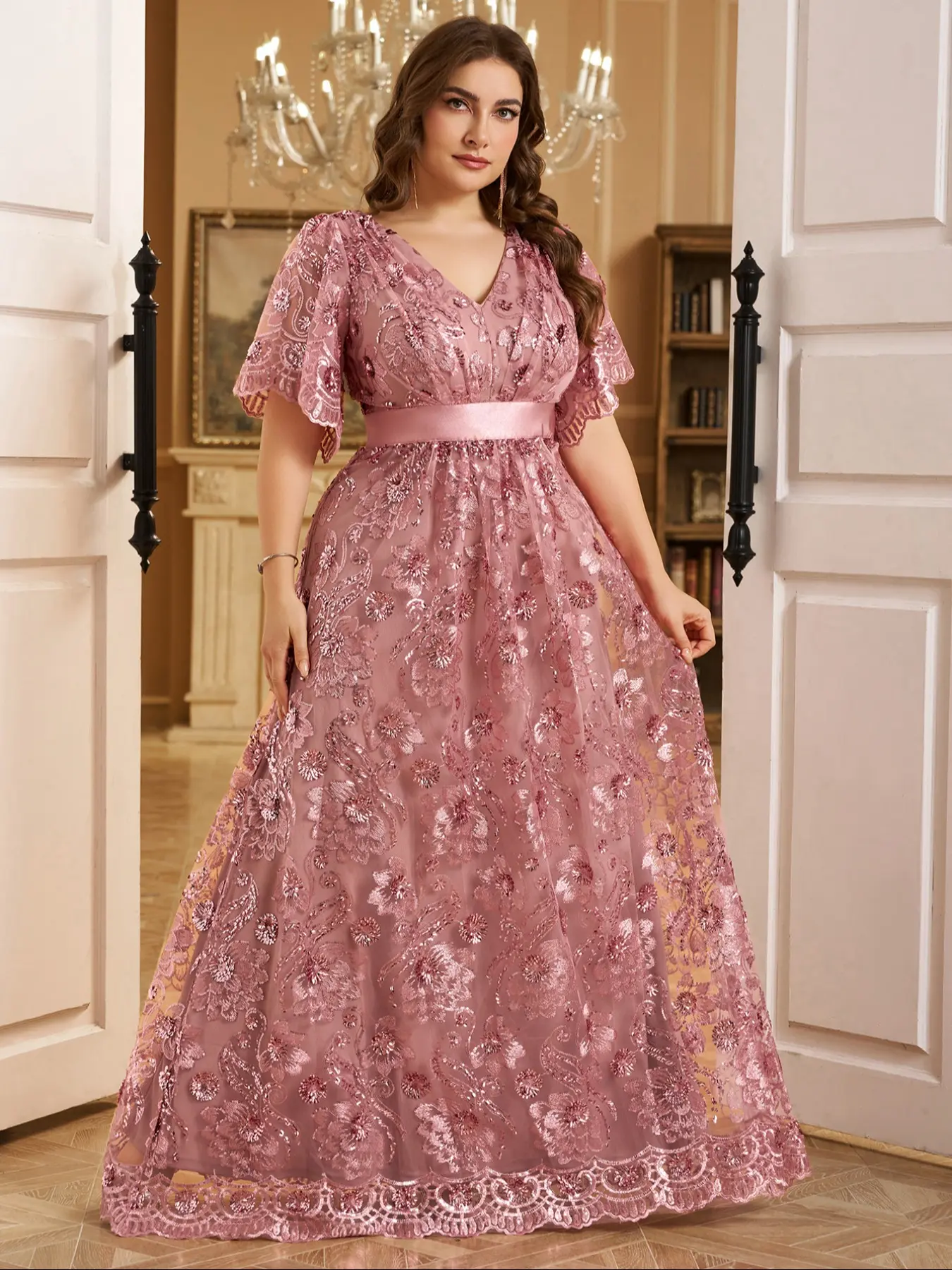 Elegant Chic Fitted Long Rhinestone Neckline Ruffled Sleeve Sequined Embroidered Floral Formal Wear Evening Dress, Random Cut, Perfect for Special Occasions, Embroidery, Evening Glam Gown, Elegant Formal Style