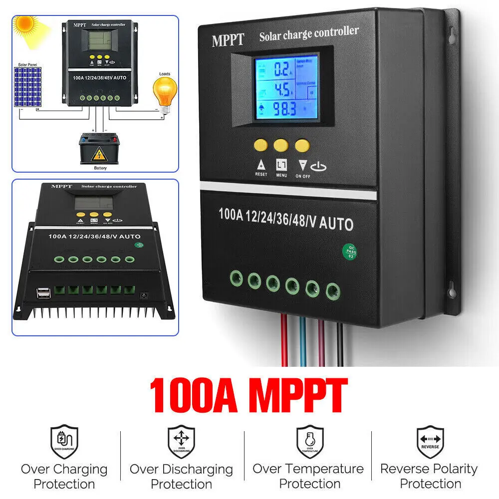 100A MPPT Solar Charge Controller 12V 24V 36V 48V LCD Display Battery Intelligent Regulator Max 100V Input Dual USB for Lead-Acid/Lithium (100A), Lifetime Technical Support, Over Charging Protection, Reverse Polarity Protection, Voltage Protection