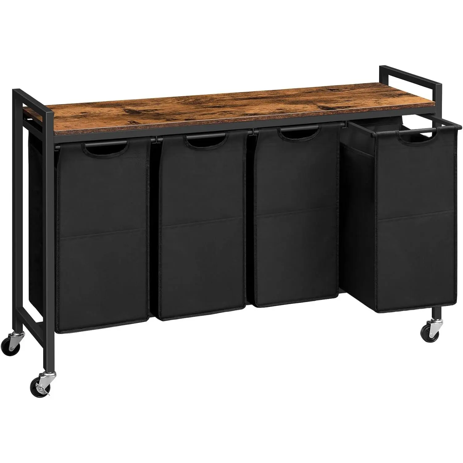 Laundry Sorter 4 Sections, Laundry Hamper with Wheels, 4 x 10.5 Gal (40 L), Rolling Laundry Basket, Pull-Out and Removable Oxford Fabric Bags, Rustic Brown and Black BF04XY01