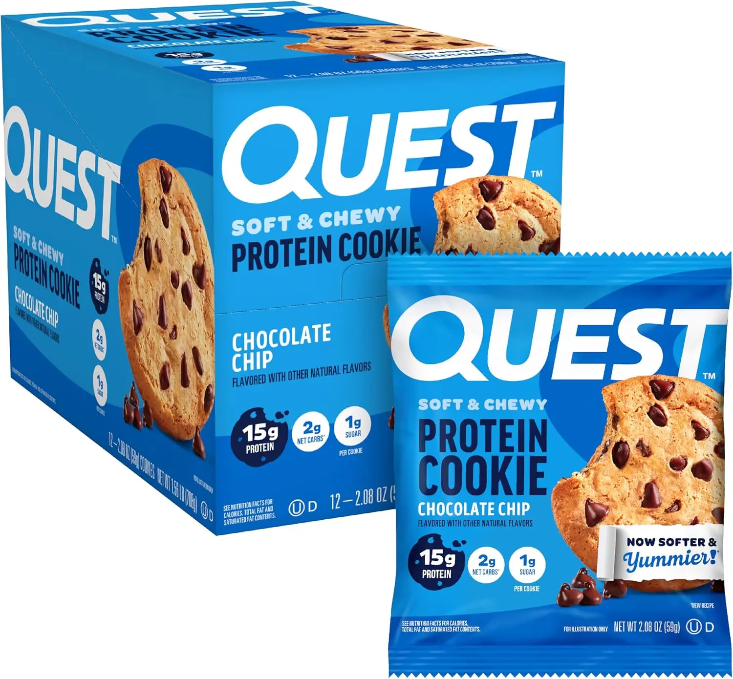 Quest Nutrition Chocolate Chip Protein Cookie, 15g Protein, 1g Sugar, 2g Net Carbs, Keto Friendly, High Protein, Low Carb; 12 Count, Snack, Biscuit